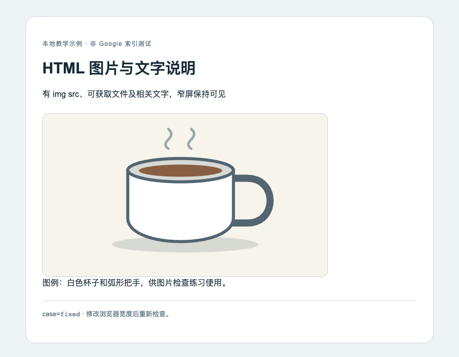 Chromium 实际截图：修正后的本地示例显示杯子示意图及相关说明文字。