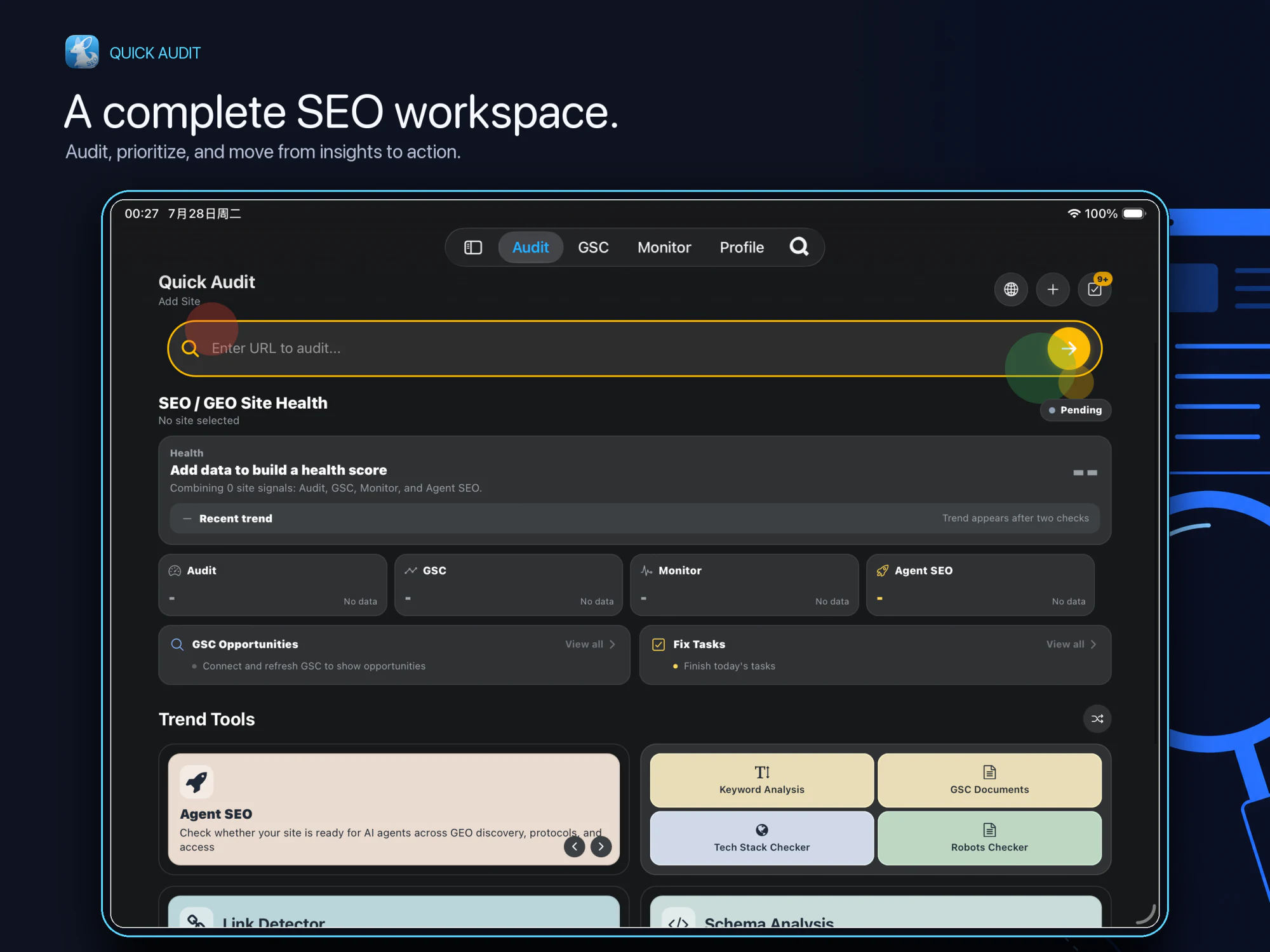 Fennec SEO Pro audit workspace on iPad showing Site Health, GSC Opportunities, fix tasks, Agent SEO, and audit tools