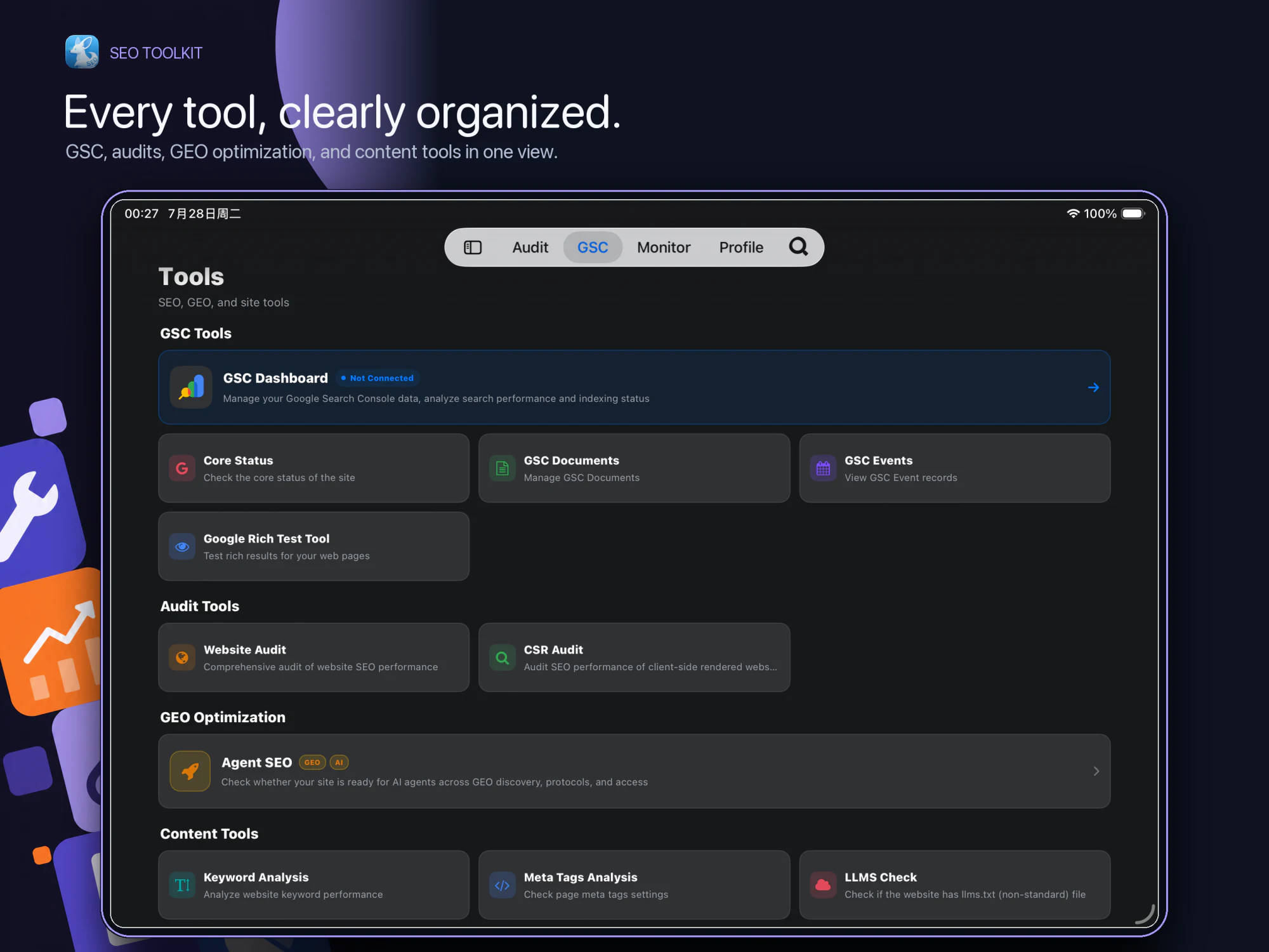 Fennec SEO 1.2 SEO toolkit on iPad with GSC, audit, GEO, and content tools