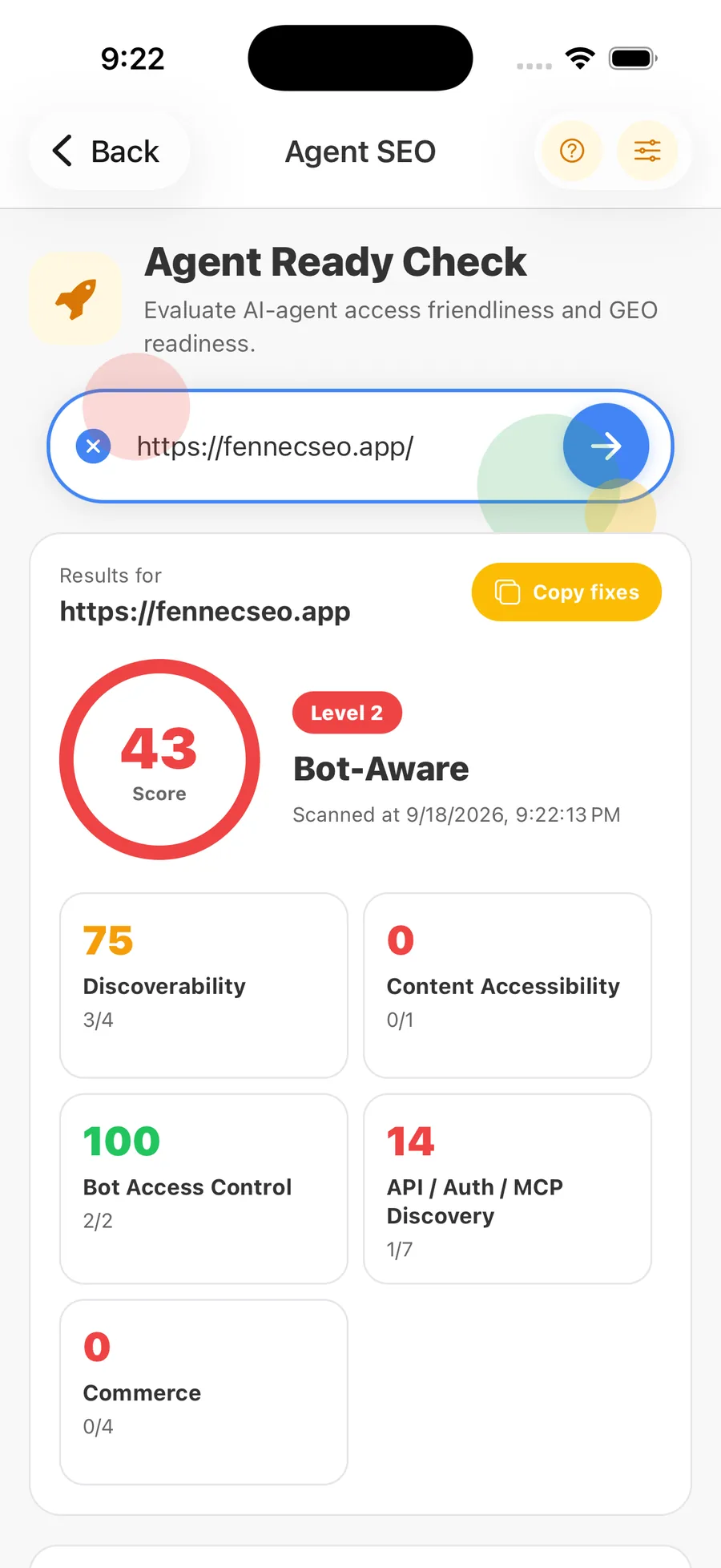 Fennec SEO Agent SEO readiness check on iPhone