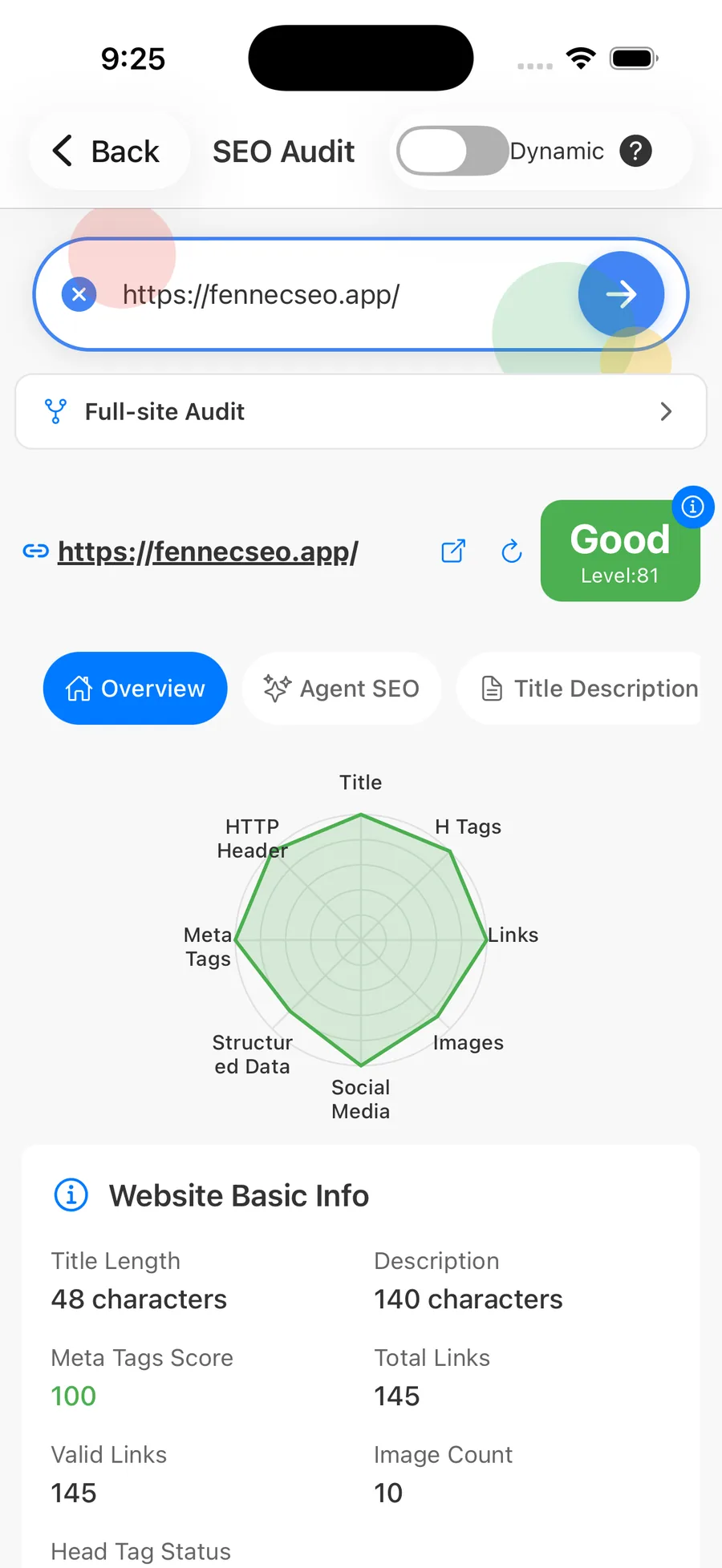 Fennec SEO page audit radar on iPhone