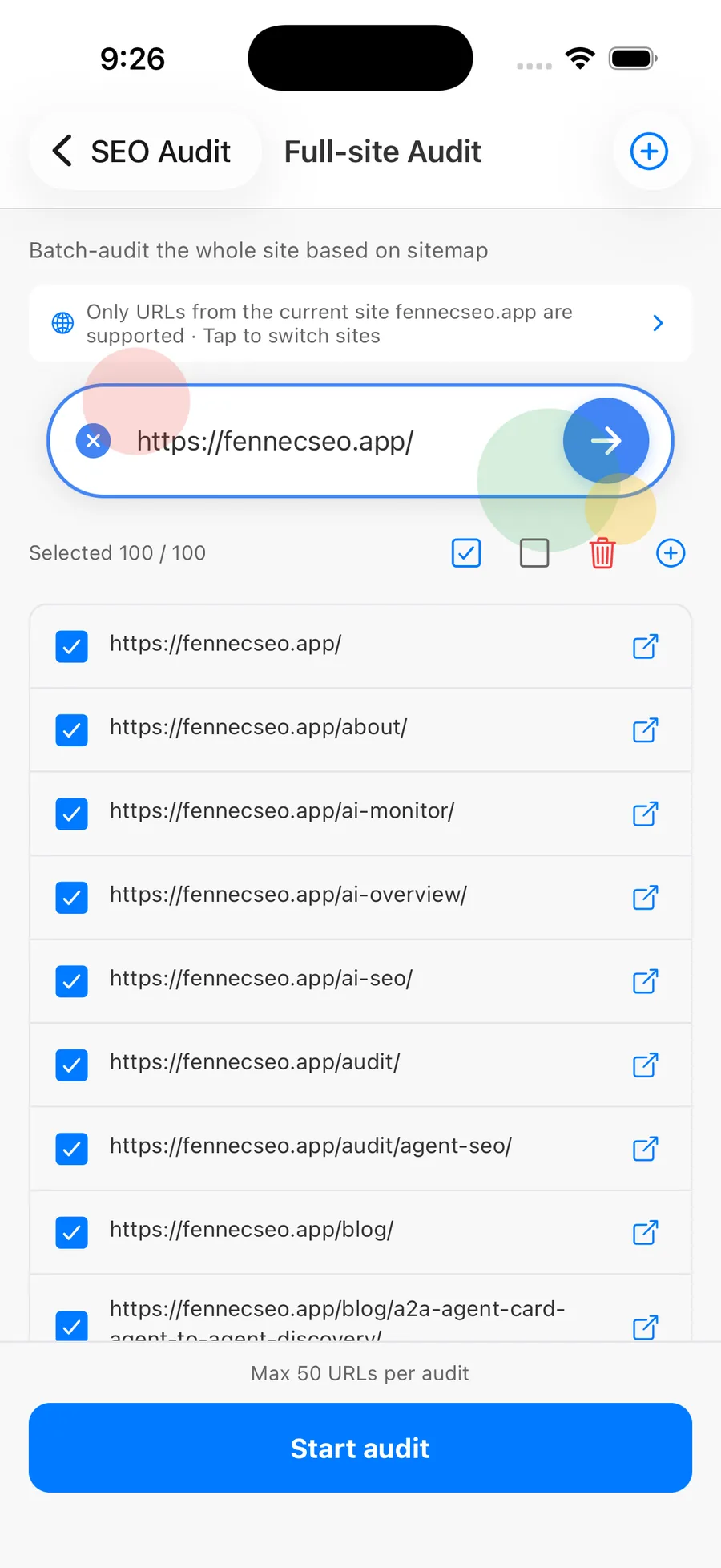 Fennec SEO full-site batch audit on iPhone