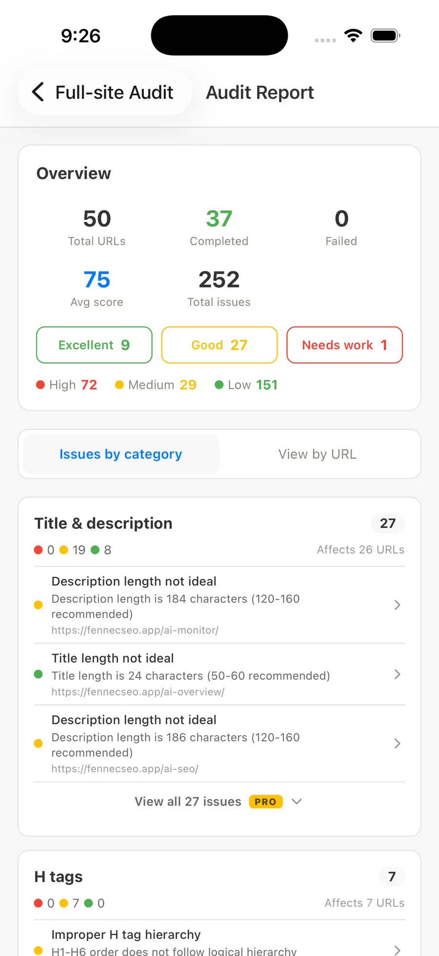 Fennec SEO batch audit report on iPhone