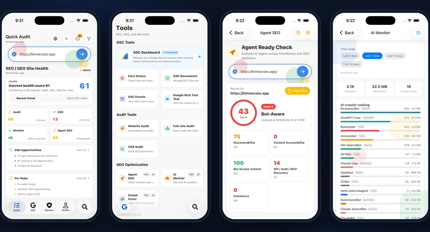 Fennec SEO app screens: site health, SEO toolkit, Agent SEO and AI monitor