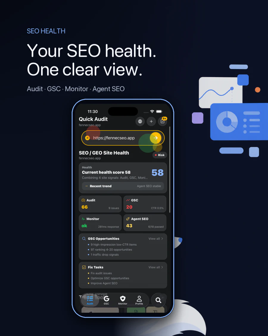 Fennec SEO 1.2 Site Health overview on iPhone