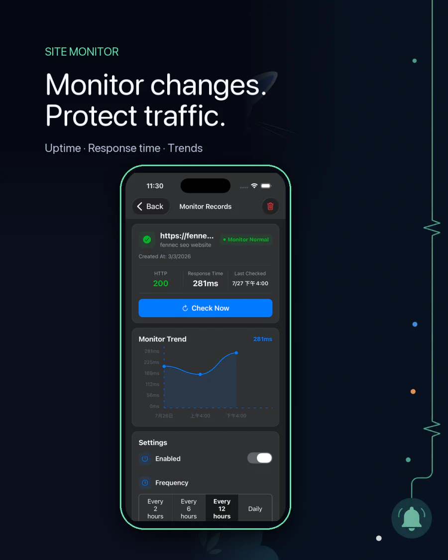 Fennec SEO 1.2 site monitoring on iPhone